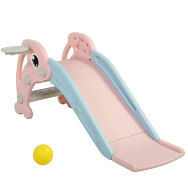 Kadyne 3 in 1 Toddler Slide Kids Slide, 44.5" Dolphins Play Slide for Outdoor and Indoor, Play Slide with Basketball Hoop, Ball and Ladder, Pink