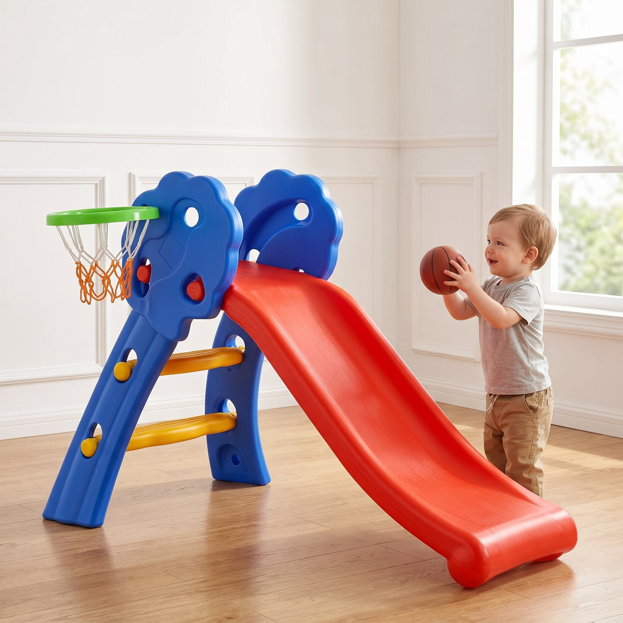 Kadyn 2 in 1 Toddler Slide Kids Slide for Age 3-8, Freestanding Kids Slide with Climber, Basketball Hoop, Red