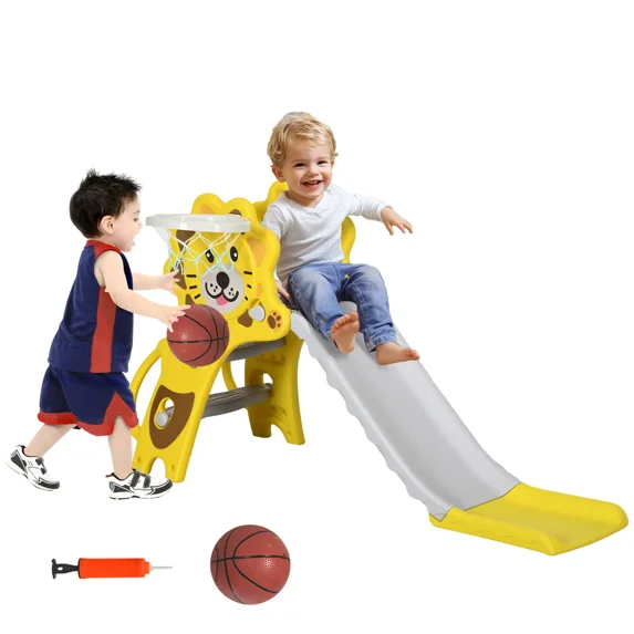 Kadyn 3 in 1 Toddler Slide Kids Slide, 3 in 1 Toddler Slide for Indoors with Basketball Hoop, Climber for 18-36 Months, Yellow