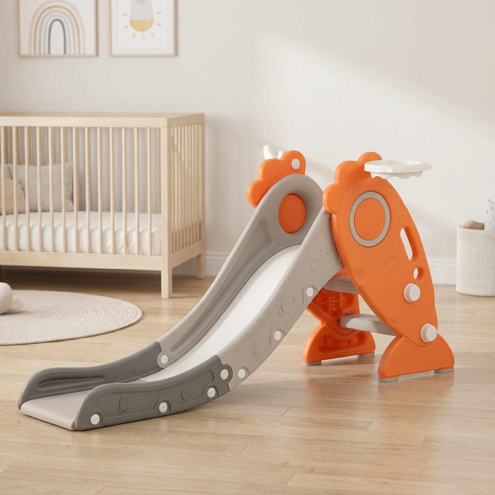 Kadyn Toddler Slide Kids Slide, 4 in 1 Indoor Slide for Kids Age 3+ Years with Basketball Hoop and Rings, Orange
