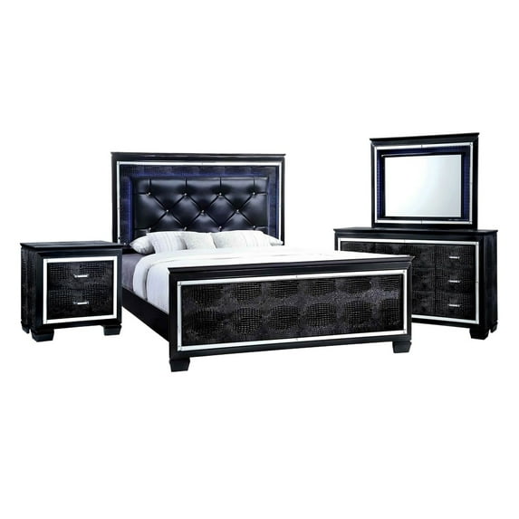 BenJara Kae 4 Piece King Bedroom Set, LED and Mirror Trim, Textured, Black