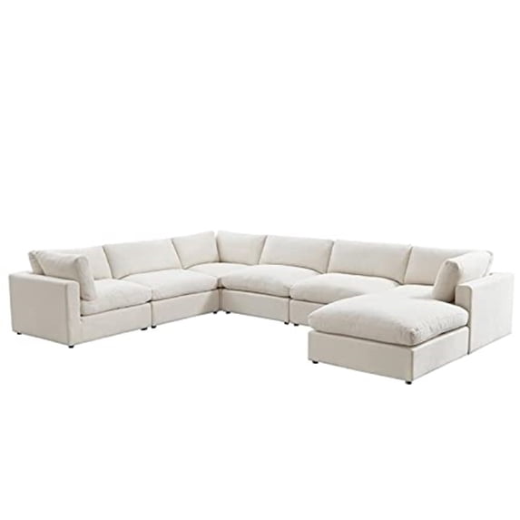 Kaelynn Corner Sofa Cream White Linen Upholstered with Ottoman
