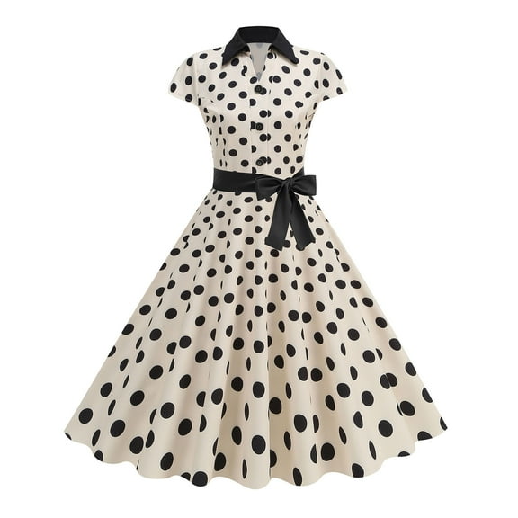 Kaemgyyd 1950s Dresses for Women Vintage Polka Dot Short Sleeve Tie Midi Dress A-Line Flowy Cocktail Party Dresses