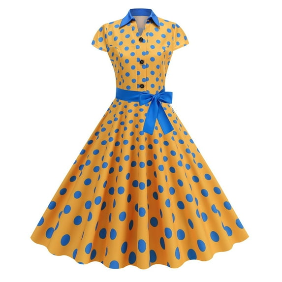 Kaemgyyd 1950s Dresses for Women Vintage Polka Dot Short Sleeve Tie Midi Dress A-Line Flowy Cocktail Party Dresses