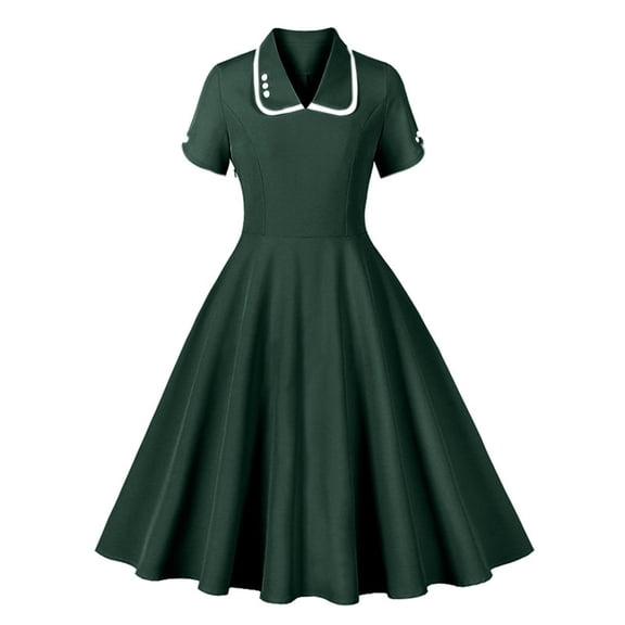 Kaemgyyd 1950s Vintage Dress for Women Short Sleeve Style Cocktail Flowy a Line Dresses Lapel Solid Color Casual Outfit