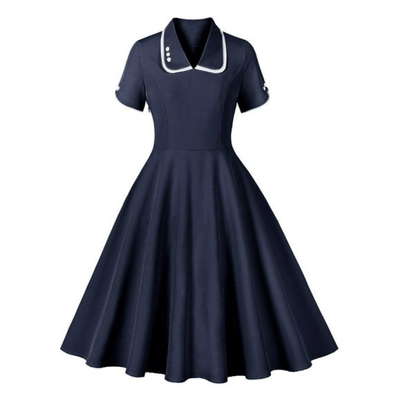 Kaemgyyd 1950s Vintage Dress for Women Short Sleeve Style Cocktail Flowy a Line Dresses Lapel Solid Color Casual Outfit
