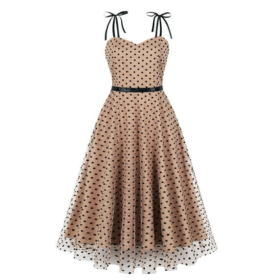 Kaemgyyd 1950s Vintage Dress for Women Sleeveless Polka Dot A Line Dress Mesh Ruffle Hem Flowy Dress for Party