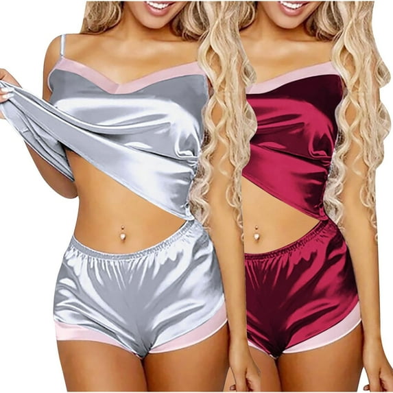 Kaemgyyd 2 PC Pajama Sets for Women 2 Piece Outfit Silk Spaghetti Strap and Shorts Set Soft Satin Sleepwear Comfy Loungewear