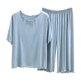 thumbnail image 1 of Kaemgyyd 2 Pack Sets for Women Short Sleeve Scalloped Neck Top Comfy Lounge Capris Pants Travel Vacation Matching Set（Blue,X-Large）, 1 of 5