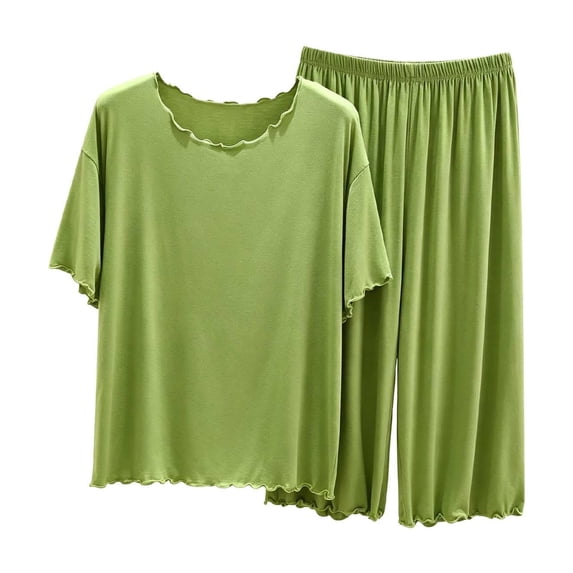 Kaemgyyd 2 Pack Sets for Women Short Sleeve Scalloped Neck Top Comfy Lounge Capris Pants Travel Vacation Matching Set(Green,X-Large)