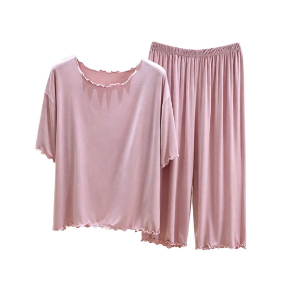 Kaemgyyd 2 Pack Sets for Women Short Sleeve Scalloped Neck Top Comfy Lounge Capris Pants Travel Vacation Matching Set(Pink,X-Large)