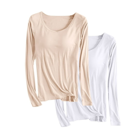 Kaemgyyd 2 Pack Sleepwear for Women Plus Size Crew Neck Long Sleeve Pajamas Tops Lounge Loose Solid Basic Tee