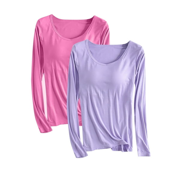 Kaemgyyd 2 Pack Sleepwear for Women Plus Size Crew Neck Long Sleeve Pajamas Tops Lounge Loose Solid Basic Tee