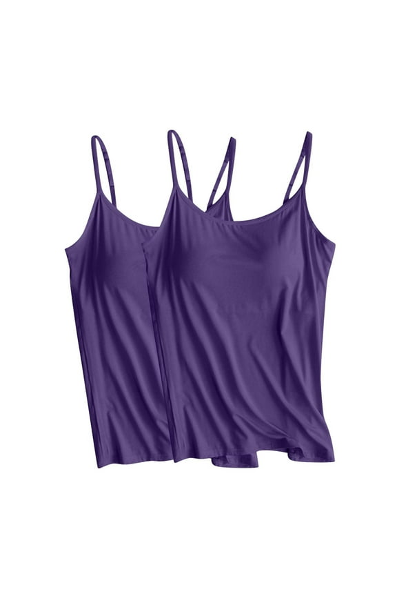 2 Pack Women's Cami Tops Soft Stretch Solid Color Yoga Tee Plus Size Basic Layer Undershirts with Built in Bra