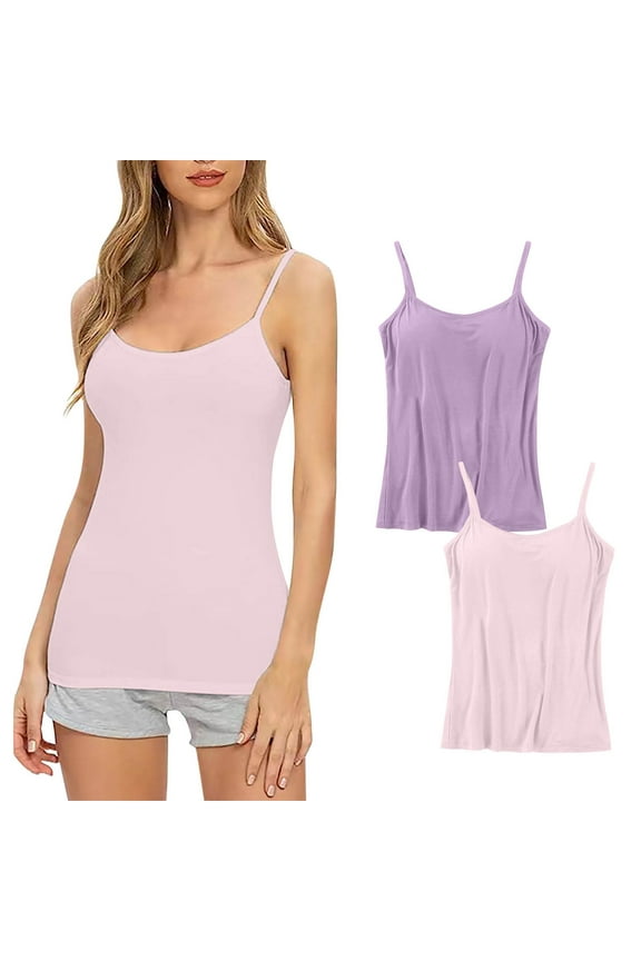2 Pack Womens Camisole with Padded Bra Spaghetti Strap Cami Comfy Undershirt Lounge Workout Tank Tops