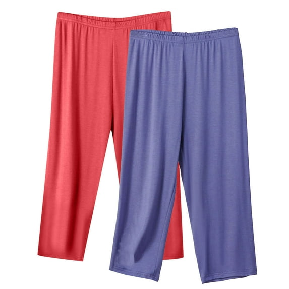 Kaemgyyd 2 Pc Women's Capri Pajama Pants Plus Size Solid Color Pajama Bottoms Elastic Waist Cropped Pjs Trouser Comfy Loungwear