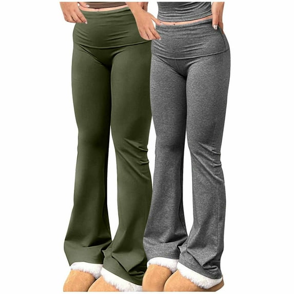 Kaemgyyd 2 Pc Women's Flare Yoga Pants Solid High Waisted Bootcut Running Trousers Casual Bell Bottom Workout Leggings