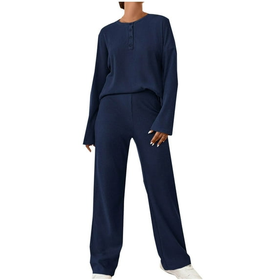 Kaemgyyd 2 Piece Lounge Set for Women Casual Loose Long Sleeve Button Pullover Tops and High Waist Wide Leg Pants