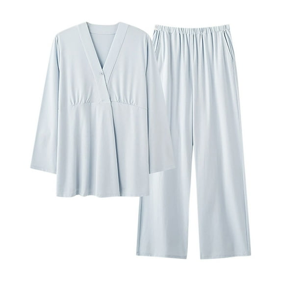 Kaemgyyd 2 Piece Outfits Pajama Set for Women Solid Color Long Sleeve Top & Wide Leg Pants Soft Comfy Pjs Set Loungewear