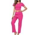 thumbnail image 1 of Kaemgyyd 2 Piece Outfits for Women Ribbed Short Sleeve Crop Top and High Waisted Long Pants Solid Color Lounge Set, 1 of 1