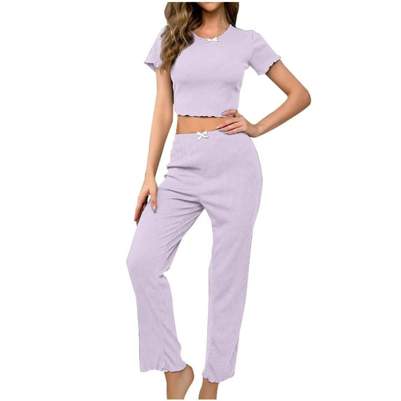 Kaemgyyd 2 Piece Outfits for Women Ribbed Short Sleeve Crop Top and High Waisted Long Pants Solid Color Lounge Set
