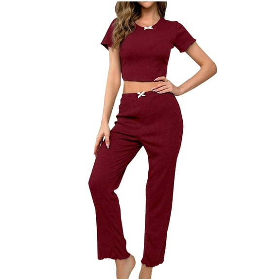 Kaemgyyd 2 Piece Outfits for Women Ribbed Short Sleeve Crop Top and High Waisted Long Pants Solid Color Lounge Set