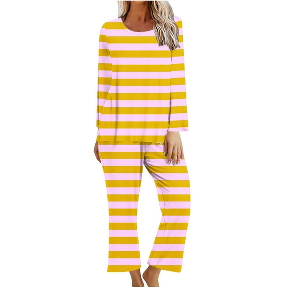 Kaemgyyd 2 Piece Pajama Set for Women Stripe Crew Neck Sleepshirt Wide Leg Pants Soft Lounge Pjs Set Sleepwear for Women