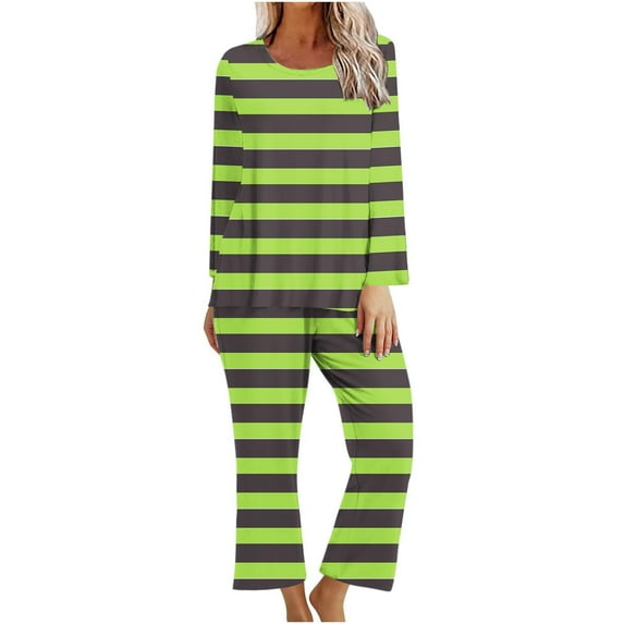 Kaemgyyd 2 Piece Pajama Set for Women Stripe Crew Neck Sleepshirt Wide Leg Pants Soft Lounge Pjs Set Sleepwear for Women