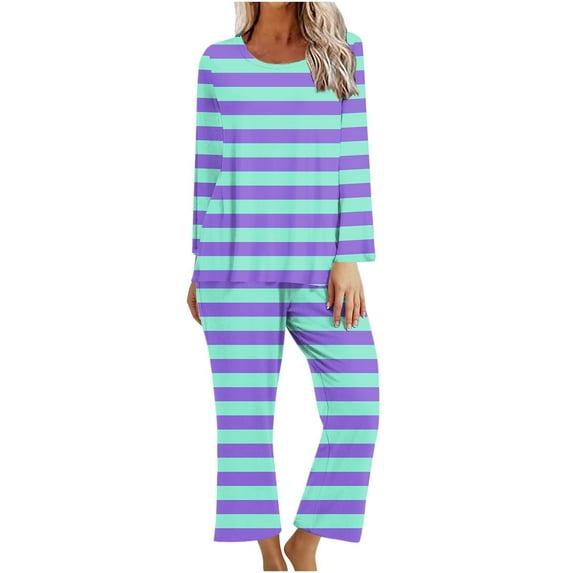 Kaemgyyd 2 Piece Pajama Set for Women Stripe Crew Neck Sleepshirt Wide Leg Pants Soft Lounge Pjs Set Sleepwear for Women