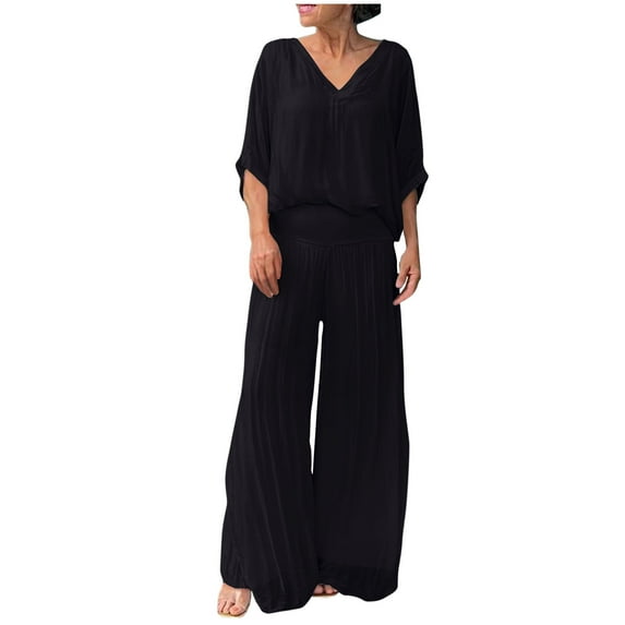 Kaemgyyd 2 Piece Sets for Women Plus Size Chiffon Fall Outfits V Neck Half Sleeve Loose Tops and Palazzo Wide Leg Pant Lounge Set
