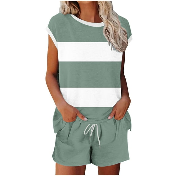 Kaemgyyd 2 Piece Sets for Women Stripe Matching Set Fashion Oversized Crew Neck Cap Sleeve T Shirts and Shorts Summer Outfit