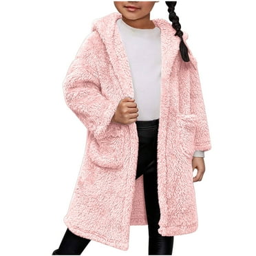 Kaemgyyd 3-12 Years Toddler Girls Fleece Jacket Sherpa Plush Winter Coat Fuzzy Open Front Hooded Cardigan Outwear with Pockets