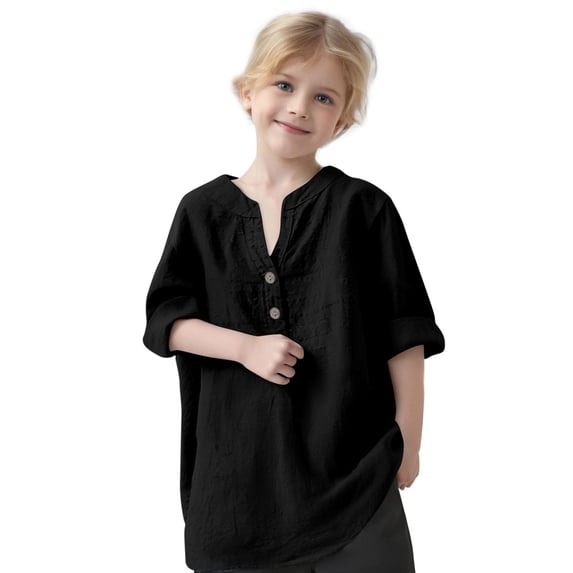 Kaemgyyd 3-12 Years Toddler Girls Summer Clothes Casual Button Cotton Linen T Shirt Kids Children Rolled Long Sleeve Spring Blouse Tops