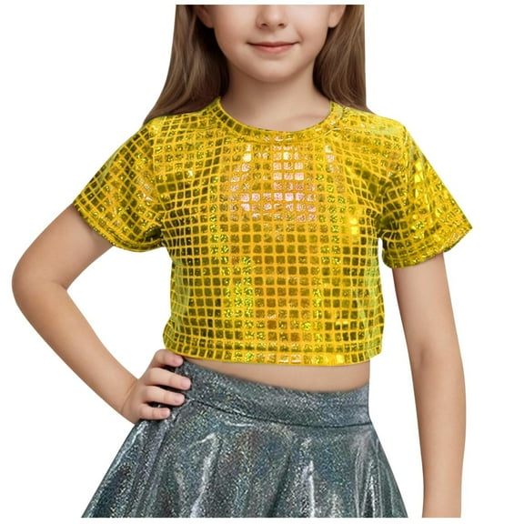 Kaemgyyd 3-16 Y Toddler Girls Sequin Clothes Sparkle Glitter Short Sleeve Crop Tops Fashion Party Dance Blouse Clubwear for Teens Kid