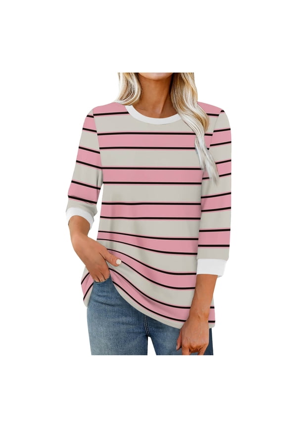 3/4 Length Sleeve Womens Tops Fall Fashion Striped Dressy Casual Blouses Trendy Crew Neck Tunic Shirt for Leggings