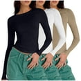 thumbnail image 1 of Kaemgyyd 3 PC Long Sleeve Shirts for Women Going out Crew Neck Slim Tops Fashion Tight T Shirts Casual Womens Going out Outfit, 1 of 4