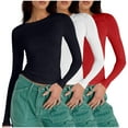 thumbnail image 1 of Kaemgyyd 3 PC Long Sleeve Shirts for Women Going out Crew Neck Slim Tops Fashion Tight T Shirts Casual Womens Going out Outfit, 1 of 4