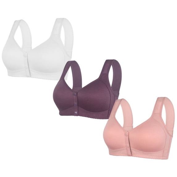 Kaemgyyd 3 Pack Front Button Bra for Women Plus Size Comfortable Wireless Everyday Bras Solid Color Padded Full Coverage Sleep Bra