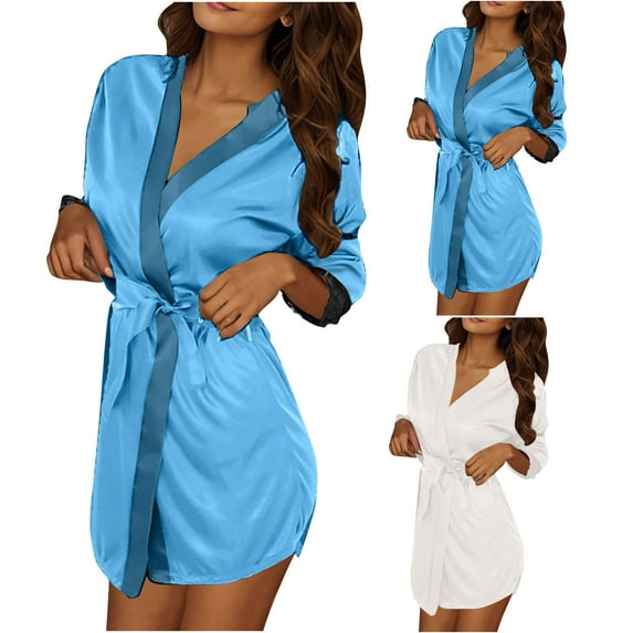 Kaemgyyd 3 Pack Women's Satin Robe Silk Kimono Bathrobe Bridesmaid Wedding Bridal Party Robes Lace 3/4 Sleeve Mini Sleepwear