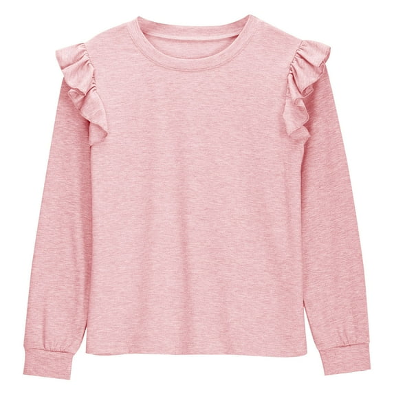 Kaemgyyd 4-13 Years Girls Long Sleeve Shirts Fashion Solid Color Ruffle Crew Neck Tops Spring Fall Base Layering Tees for Teens
