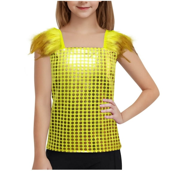 Kaemgyyd 4-14 Years Girls Sequin Dance Outfit Sparkle Glitter Sleeveless Square Collar Tunic Tops Toddler Kid Party Clubwear