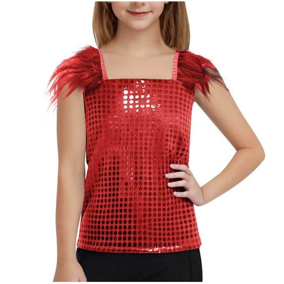 Kaemgyyd 4-14 Years Girls Sequin Dance Outfit Sparkle Glitter Sleeveless Square Collar Tunic Tops Toddler Kid Party Clubwear