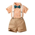 thumbnail image 1 of Kaemgyyd 4PCS Baby Boy Formal Short Set Toddler Summer Striped Outfit Kid Short Sleeve Shirt Bow Tie Suspender and Shorts Suit 1-9 T, 1 of 7