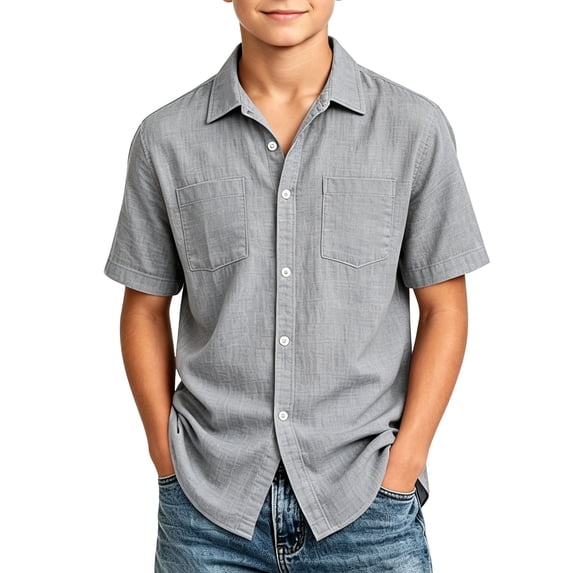 Kaemgyyd 5-15 Tlittle Boys Button down Shirts Casual Short Sleeve Toddler Collared Tops with Pockets for Kids Spring Fall Blouse
