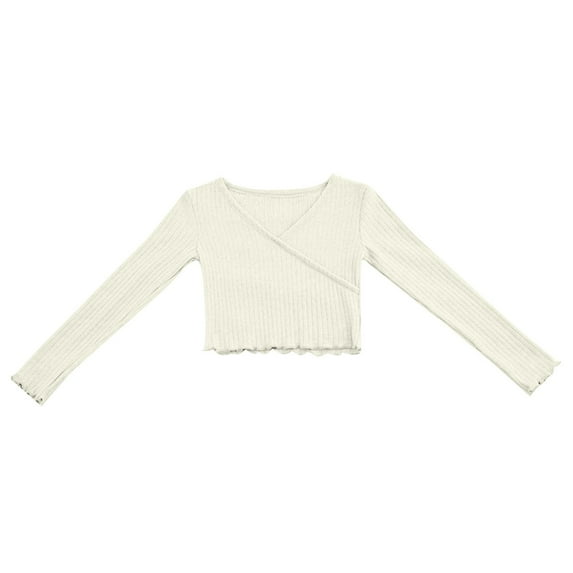 Kaemgyyd 7-18 Years Children Girls Crop Tops Ribbed Knit Long Sleeve Shirts Solid Warp V Neck Casual Fashion Tee Kids Dancewear Outfit