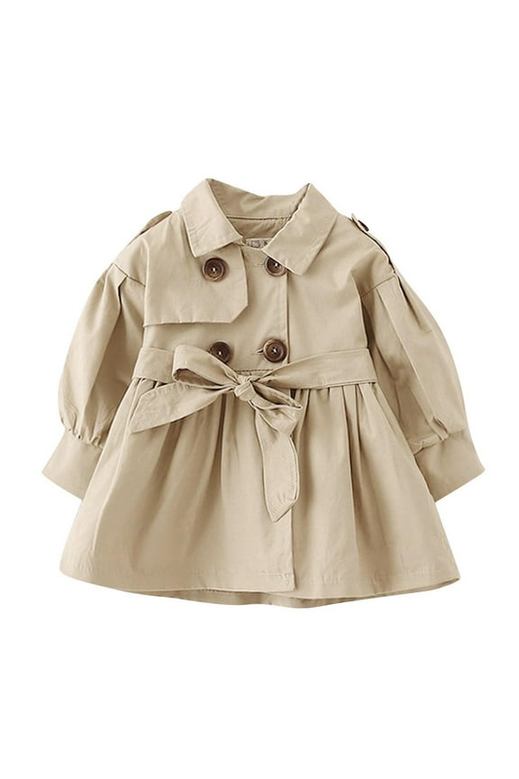 Baby Girls Trench Coat Casual Fashion Lapel Long Sleeve Tie Belt Jacket Pleated Button Outerwear 6 M-3 Y