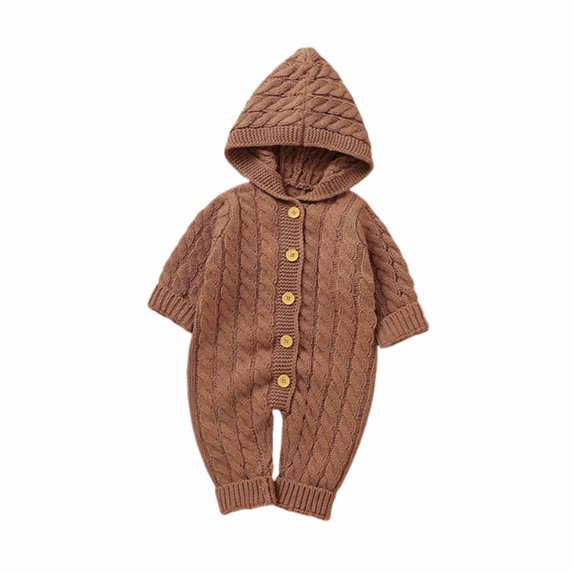 Kaemgyyd Baby Infant Winter Warm Outfit Cable Knit Hooded Romper Long Sleeve Button down Sweater One-Piece Jumpsuit Clothes