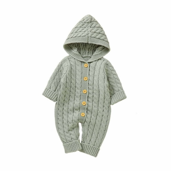 Kaemgyyd Baby Infant Winter Warm Outfit Cable Knit Hooded Romper Long Sleeve Button down Sweater One-Piece Jumpsuit Clothes