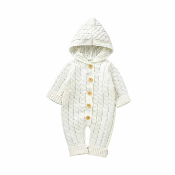 Kaemgyyd Baby Infant Winter Warm Outfit Cable Knit Hooded Romper Long Sleeve Button down Sweater One-Piece Jumpsuit Clothes