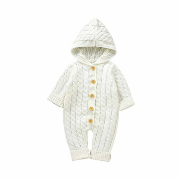 Kaemgyyd Baby Infant Winter Warm Outfit Cable Knit Hooded Romper Long Sleeve Button down Sweater One-Piece Jumpsuit Clothes